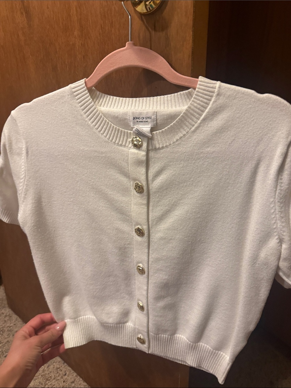 Song of Style Cream Short-Sleeve Button Crew Sweater